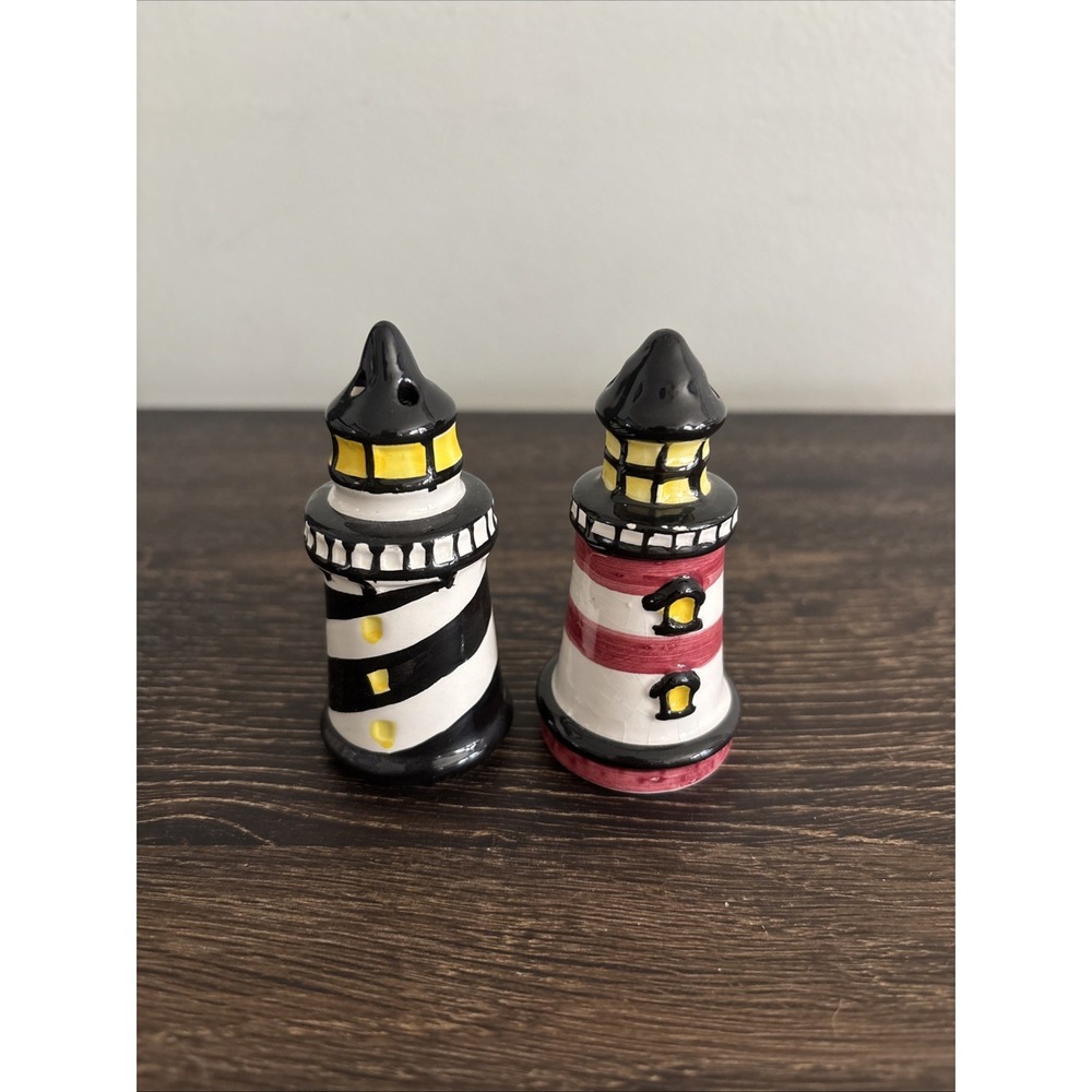 Vintage Stoneware LIGHTHOUSE TRAVEL Salt Pepper Shakers Set Cottage Core